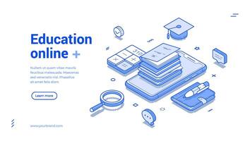 Online education e learning remotely class school web banner isometric illustration vector
