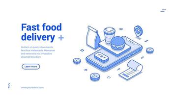Fast food delivery smartphone online application web banner minimalist isometric vector