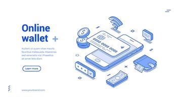 Online wallet banking money financial management mobile app web banner isometric vector