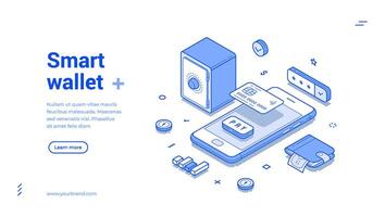Smart digital wallet online banking financial smartphone application web banner isometric vector