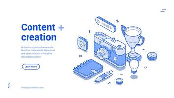 Content creation photo multimedia isometric web banner landing page illustration vector