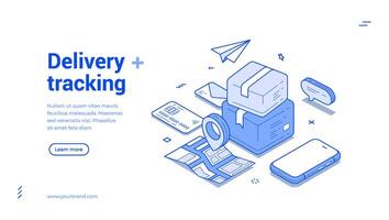 Delivery service courier GPS tracking smartphone application web banner monochrome isometric vector