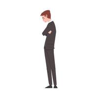 Sad Businessman Standing with Folded Hands, Stressed Unhappy Male Office Worker Character in Suit, Side View of Tired or Exhausted Manager Illustration vector