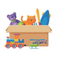 Cardboard Box with Various Toys, Container with Train, Teddy Bear, Sword, Scateboard,Cat Flat Illustration vector