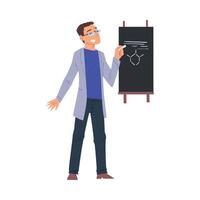 Scientist in Lab, Young Man in Coat Doing Chemical Research in Science Laboratory, Man Writing on the Chalkboard Illustration on White Background vector