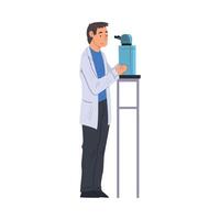 Scientist in Lab, Man in White Coat Doing Medical or Chemical Researches with Microscope Illustration on White Background vector