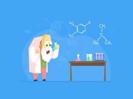 Old Scientist Character, Chemist Professor Experimenting or Making Discovery Illustration vector