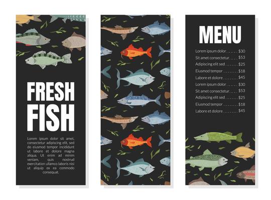 Fresh Fish Menu Template, Restaurant and Cafe Seafood Menu, River and Marine Fishes Seamless Pattern Flat Illustration
