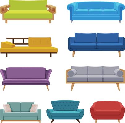 Comfortable Upholstered Sofas Collection, Cushioned Cozy Domestic or Office Furniture, Modern Interior Design Elements Flat Illustration