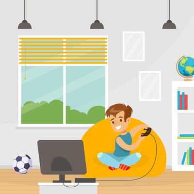 Cute Boy Sitting on Armchair and Playing Games in his Room Cartoon Illustration