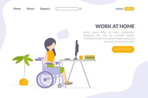 Work at Home Landing Page Template, Disabled Man Sitting in Wheelchair Working on Laptop Computer at Home Cartoon Illustration vector