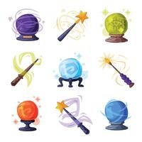 Magic Wands and Balls with Shiny Sparkles Set, Occult Magic Objects for Mystic Rituals Cartoon Style Illustration vector