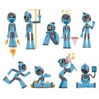 Friendly Robots Set, Funny Robotics Personal Assistant Character in Different Situations, Artificial Intelligence Concept Cartoon Style Illustration vector