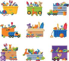 Collection of Boxes with Various Colorful Toys, Plastic and Cardboard Containers with Baby Playthings Flat Illustration vector