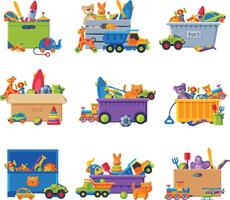 Collection of Boxes with Various Toys, Plastic and Cardboard Containers with Baby Colorful Playthings Illustration vector