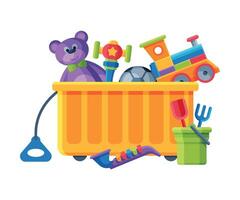 Box with Various Colorful Toys, Plastic Container with Train, Teddy Bear, Saxophone, Bucket and Rake Flat Illustration vector