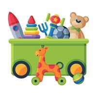 Box with Various Colorful Toys, Plastic Container with Scateboard, Giraffe, Pyramid, Ball, Giraffe on Wheels, Rocket Flat Illustration vector