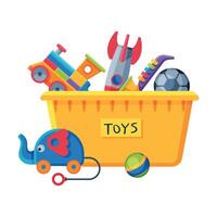 Box with Various Colorful Toys, Plastic Container with Elephant on Wheels, Rocket, Ball, Saxophone Flat Illustration vector