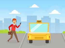 Man Calling Taxi Using Mobile App, Online Taxi Service Concept Cartoon Illustration vector