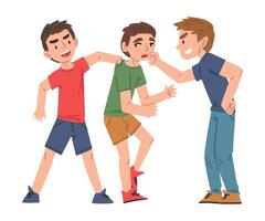 Sad Boy Bullied by Classmates, Two Boys Mocking and Laughing Him, Mockery and Bullying at School Problem Cartoon Style Illustration vector