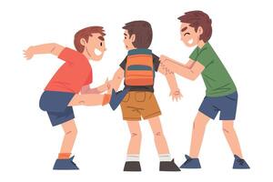 Boy Bullied by Others, Two Boys Mocking, Laughing and Attacking Weaker Victim, Mockery and Bullying at School Problem Cartoon Style Illustration vector