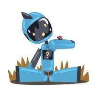 Friendly Robot Sitting on Grass on Nature, Cute Personal Robotic Assistant Character, Artificial Intelligence Concept Cartoon Style Illustration vector