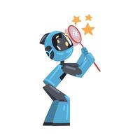 Friendly Robot Catching Stars with Net, Cute Personal Robotic Assistant Character, Artificial Intelligence Concept Cartoon Style Illustration vector