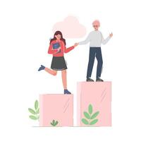 Man Helping Woman to Climb up on Column of Columns, Moving up Motivation, Teamleader Business Concept Cartoon Illustration vector