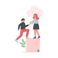 Woman Helping Man to Climb up on Top of Rising Diagram Column, Moving up Motivation Business Concept Cartoon Illustration vector