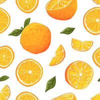 Juicy Ripe Oranges Seamless Pattern, Freshly Harvested Whole and Half Fruits Endless Repeating Print for Fabric, Wrapping Paper Design Illustration vector
