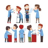 Chemist Doing Experiments Set, Scientist or Student Characters in Lab Coat Working at Researching Laboratory Cartoon Style Illustration vector
