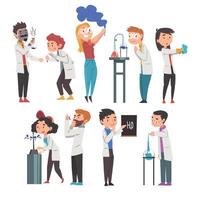Chemists Doing Experiments Set, Scientist or Student Characters in Lab Coat Working at Medical or Researching Laboratory Cartoon Style Illustration vector