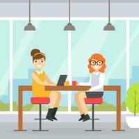 Coworking Space with Two Smiling Businesswoman Sitting at Desk, Business Team Working Together in Coworking Open Office Illustration vector