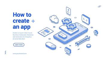How to create mobile app DIY interface software development web banner isometric vector