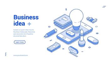 Business idea innovation brainstorming smartphone application web banner isometric vector