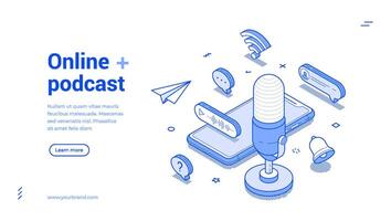 Online podcast radio show social media network mobile app web banner isometric illustration vector