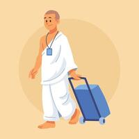 A pilgrim walks towards Mecca pulling a suitcase behind him vector