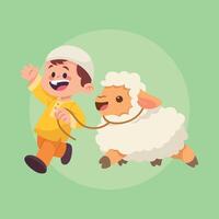 A joyful young boy happily leads a fluffy lamb on a string vector