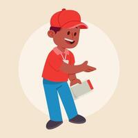 A friendly delivery person extends a hand while holding a package vector