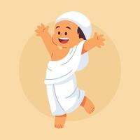 A joyful child in Ihram clothing celebrates with open arms vector