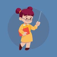 A young teacher enthusiastically points with a pointer while holding a book vector