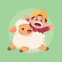 A joyful boy happily embraces a fluffy sheep vector