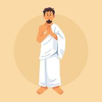 A man in Ihram standing with hands pressed together in prayer vector
