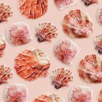 Minimal aesthetic pattern Shells of mollusk white red color on pastel pink. Natural oceanic clams, seashell with soft shadow. Marine, nautical concept, sea life design wallpaper, summer backdrop photo