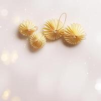 New Year Festive winter holidays concept, Minimal style top view aesthetic layout with cream beige paper ornaments, Christmas balls on light white background, flat lay pattern, light effect photo
