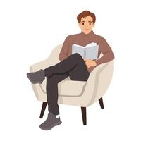Man sits comfortably in a chair, deeply engaged in reading a book with calm and focused expression. vector