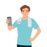 Man in workout attire takes a refreshing break, holding a water bottle and wearing a towel. vector