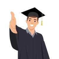 Cheerful graduate in cap and gown extends a hand, symbolizing congratulations,welcome new beginning. vector