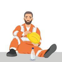 Exhausted Worker Taking a Break, tired construction worker in safety uniform sits on the ground. vector