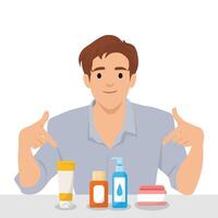 Man pointing at various skincare products, suggesting a skincare routine or product recommendation. vector